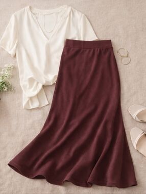 OGL Soft Stretch Mermaid Midi Skirt Pull-On Flare Hem Capsule Wardrobe Burgundy